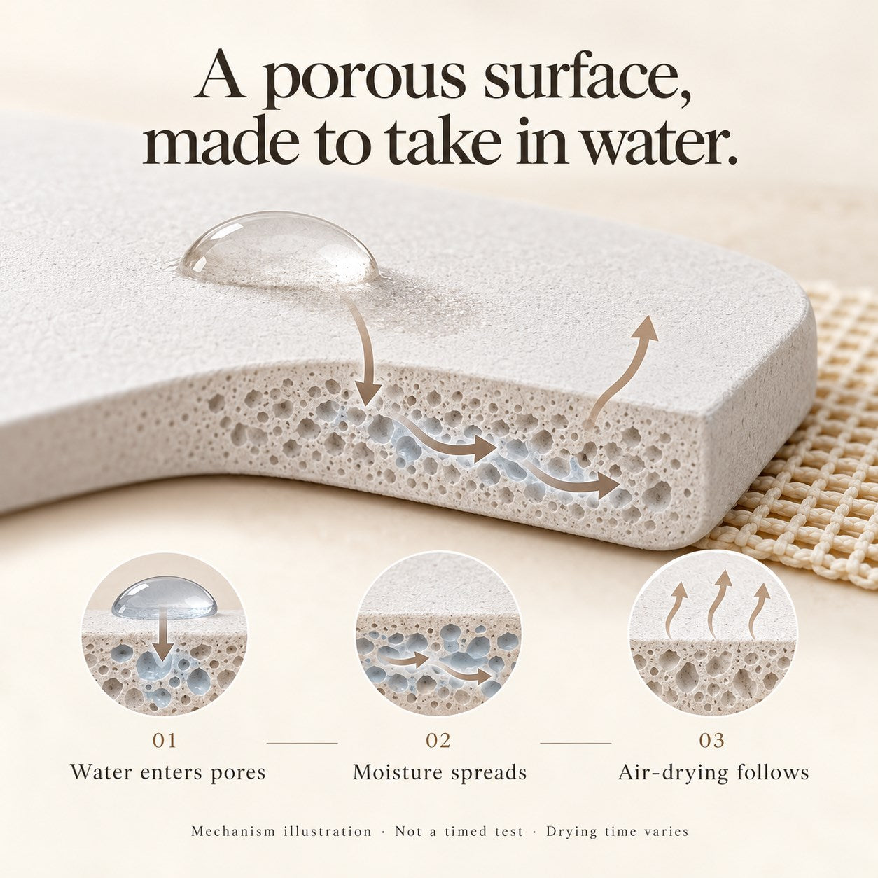 Conceptual illustration of water entering pores in a diatomite bath mat